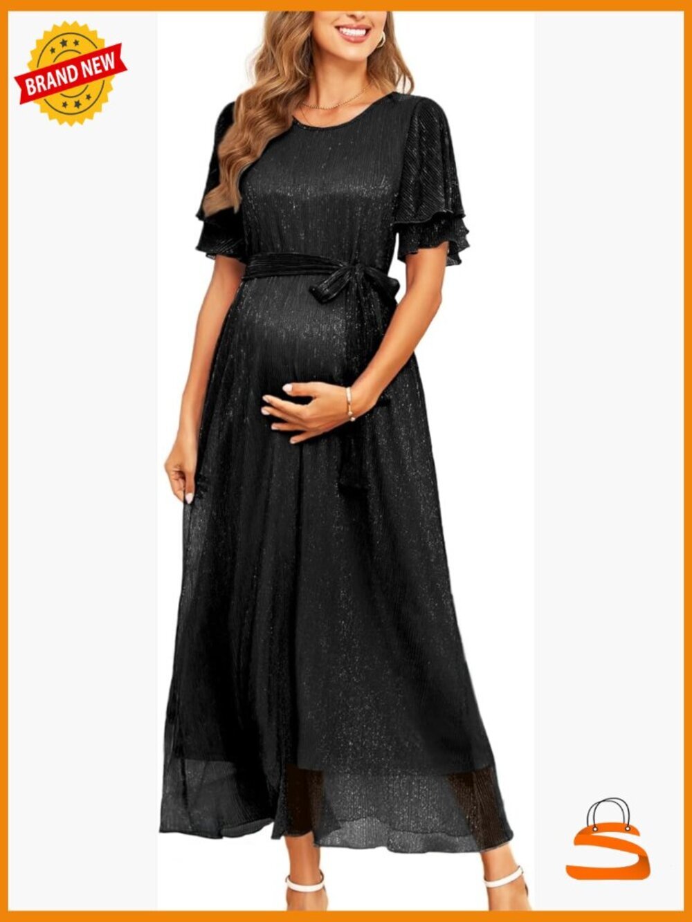 Maternity Sparkly Mesh Maxi Dress with Belt Ruffle Sleeves Flowy A-Line